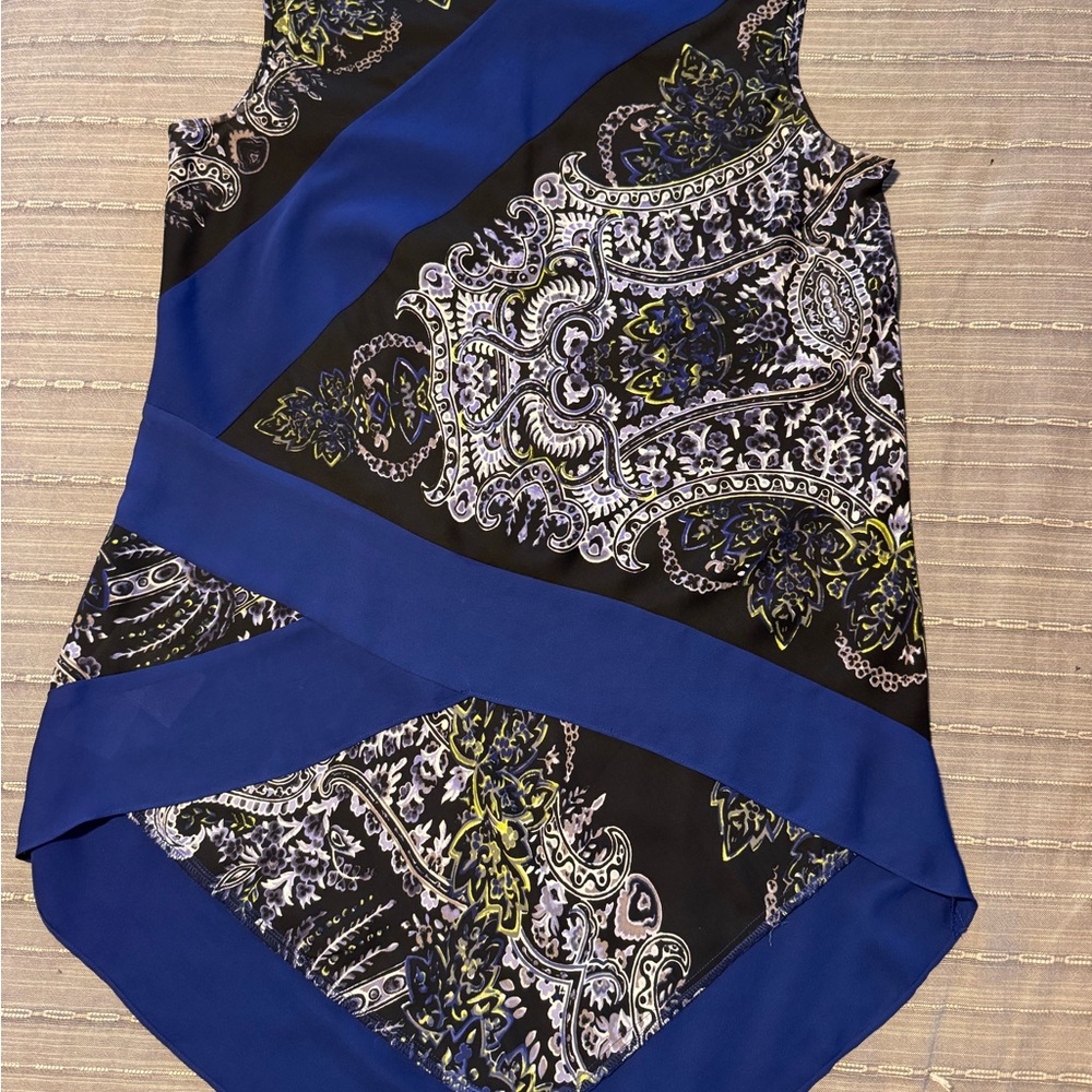 BCBGMaxAzria Black and Royal Blue Paisley Tunic / High-Low Top Medium